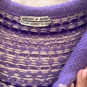 Handmade Norwegian Wool Fair Isle Cardigan | Purple & Cream | Vintage